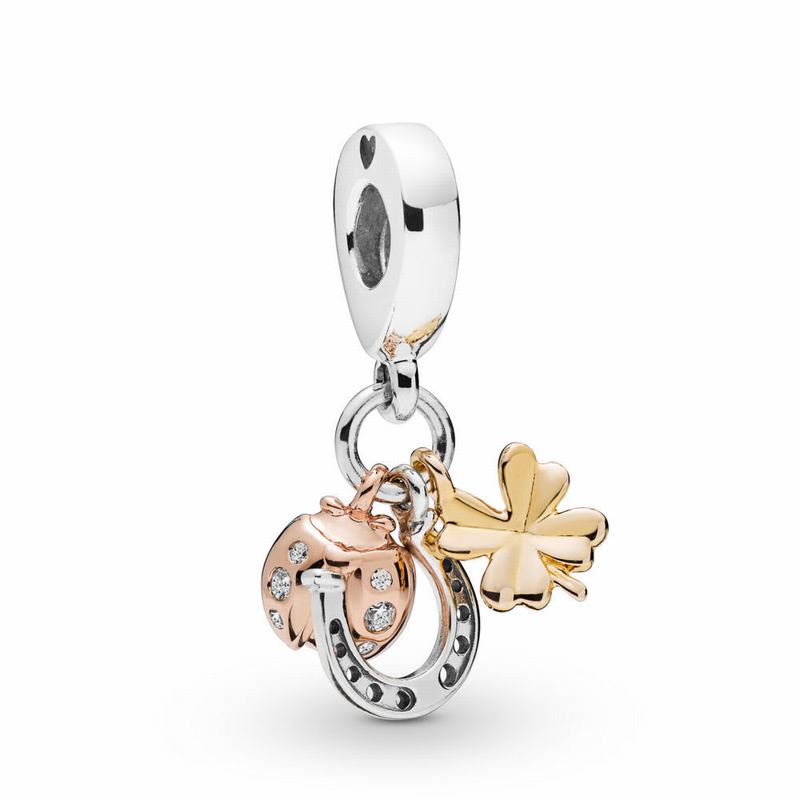 Pandora Horseshoe Clover & Ladybird Dangle Charm Ireland - Sterling Silver/Pandora Rose And Pandora